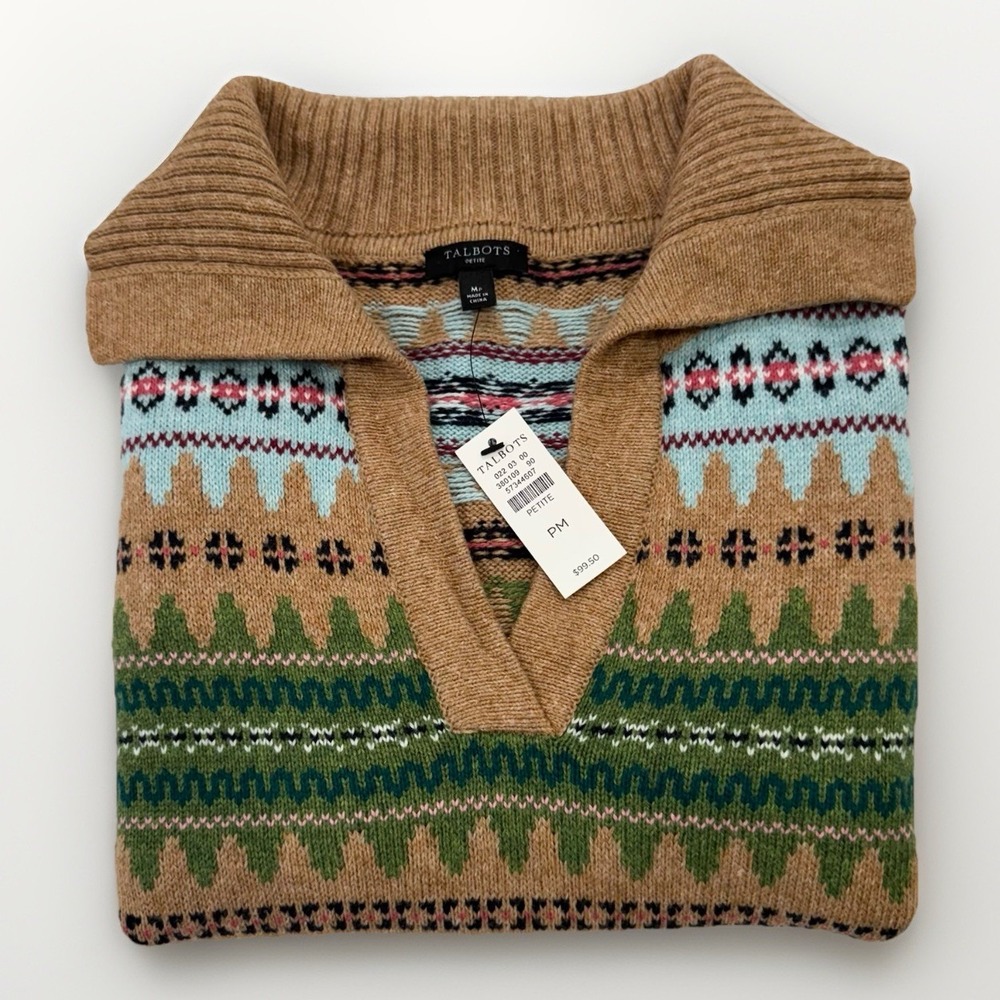 Talbots Johnny Collar Autumn Fair Isle Sweater Women's Medium Petite Wool Blend